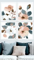 Minimalist floral wall art set featuring blush pink and white flowers with sage green leaves. Abstract botanical prints in contemporary style for modern home decor.