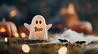 Cute ghost decoration with "Boo" text and flying bats against blurred Halloween background with orange bokeh lights and autumn decorative elements.
