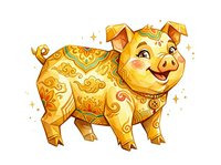 Golden pig with ornate decorative patterns and sparkles on white background, suitable for festive designs, children's illustrations, greeting cards, and merchandise applications.