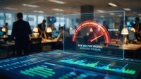 Futuristic holographic cybersecurity dashboard displaying risk analysis with volatile warning gauge in modern office environment for digital protection.