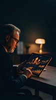 Senior businessman analyzing financial data on tablet in dimly lit office with warm lamp creating professional atmosphere for late night work.