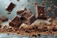 Dark chocolate pieces breaking apart in dynamic motion with cocoa powder and crumbs flying through air against blurred background, dramatic food photography.