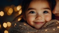Young Asian girl smiling warmly while wrapped in cozy blanket, soft bokeh lights creating magical holiday atmosphere in background, childhood joy and wonder.