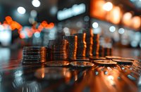 Stacks of coins arranged in ascending order on reflective surface with blurred bokeh lights in background, representing financial growth and investment success.