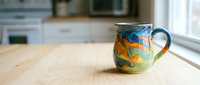 Colorful ceramic mug with abstract brushstroke design sitting on wooden table in bright kitchen with window light, perfect for beverage, lifestyle and home decor projects.