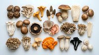 Assorted fresh mushroom varieties including shiitake, oyster, chanterelle, and enoki arranged on white background for culinary and cooking projects.