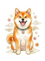Happy Shiba Inu dog with tongue out, wearing decorative collar, surrounded by flowers and Asian-inspired ornamental elements on white background, isolated clipart.