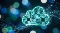 Digital cloud network with glowing circuit patterns and data streams, representing cloud computing, data storage, and network connectivity for technology and business applications.