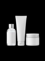 Cosmetic packaging set with glass bottle, cream tube, and jar isolated on transparent background, ready for T-shirt, sticker, and print on demand use.