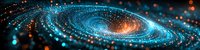 Luminous spiral galaxy with glowing blue and orange particles swirling in cosmic space, creating mesmerizing celestial formation against dark background.