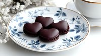 Chocolate heart-shaped macarons on elegant floral plate with coffee cup and white flowers for romantic dessert presentation and Valentine's Day treats.