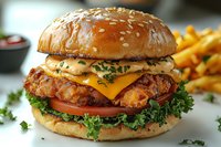 Crispy chicken burger with melted cheese, fresh lettuce, tomato and special sauce on toasted sesame bun, served with golden french fries and dipping sauce.