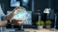 Businessman holding glowing globe in hands at modern office desk, representing global business, technology innovation, and sustainable corporate growth strategy.