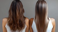 Comparison of straight and wavy brown hair on two women wearing white tops showing before and after hair treatment results from back view against gray background.