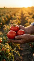 Farmer hands holding fresh red tomatoes at sunset in agricultural field with golden light and bokeh background for organic farming concepts.