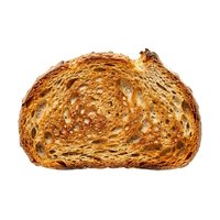 Freshly baked sourdough bread slice with crispy crust and airy crumb structure, isolated on white background for bakery, food, and culinary design use.