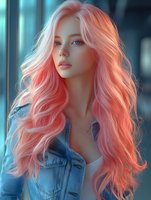 Young Asian woman with long wavy coral pink hair wearing denim jacket against blue background. Soft dreamy portrait with natural makeup and delicate necklace.