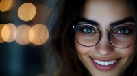 Young woman with bright blue eyes and glasses smiling at camera against blurred bokeh lights background, expressing joy and confidence. Professional portrait for optical services.