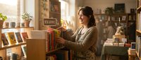 Woman with dark hair and medium complexion arranging books on wooden shelf in cozy vintage bookstore or home library with warm natural light, plants, and eclectic decor.