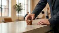 Businessman placing a wooden block with handshake icon on a table, symbolizing partnership, agreement, and business collaboration concept.