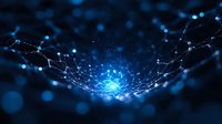 Glowing blue network connections forming digital web structure with light particles and constellation patterns against dark background for technology concept.
