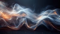 Abstract flowing waves of light in orange and blue colors against dark background create dynamic motion effect with glowing ethereal smoke-like patterns.