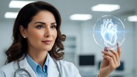 Female doctor in white coat examining holographic heart model in modern medical facility for cardiology consultation and healthcare technology.