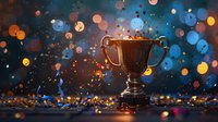Golden trophy cup with glitter explosion and bokeh lights on dark background creates magical celebration atmosphere for achievement and victory moments.