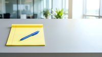 Yellow notepad with blue pen on gray desk in modern office with windows and plants, ready for writing notes and business planning.