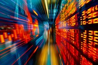 Abstract motion blur with vibrant orange, blue and yellow light trails creating dynamic speed effect, suitable for technology and digital transformation concepts.