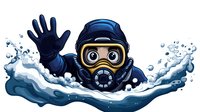 Cartoon scuba diver with yellow mask and breathing apparatus swimming underwater with water splashes around, isolated on white background for design use.