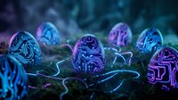 Futuristic digital eggs with glowing circuit patterns in purple and blue neon colors on dark technological background for sci-fi design concepts.