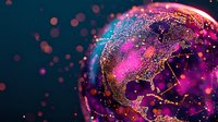 Glowing digital Earth map with vibrant pink and purple particles showing North America continent against dark background with bokeh light effects.