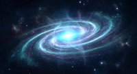 Spiral galaxy with glowing blue center and swirling arms against starry cosmic background for astronomy and space science projects.