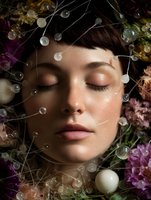 Young woman with closed eyes surrounded by delicate flowers and crystal beads in dreamy artistic portrait, featuring soft natural makeup and serene expression.