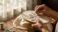 Senior woman hands embroidering delicate floral pattern on white fabric in warm sunlight. Traditional needlework craft hobby for relaxation and creativity.