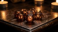 Copper metal polyhedral dice set on ancient leather book with warm candlelight creating atmospheric tabletop gaming scene for RPG adventures and fantasy gameplay.