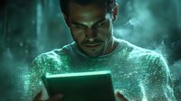 Young Asian male looking at glowing tablet device with digital code elements and smoke effects in dark green atmospheric lighting for cybersecurity concept.