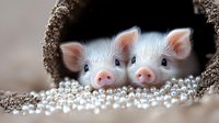 Two adorable white piglets with pink snouts peek out from woven basket surrounded by pearl beads, farm animals concept for greeting cards and nursery decor.
