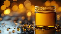 Fresh honey jar with golden bokeh background and water drops reflection on dark surface, natural organic sweetener close up macro photography.