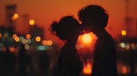 Romantic couple silhouettes kissing at sunset with warm golden light and bokeh city lights creating intimate atmosphere for love and relationship concepts.