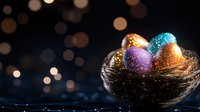Glittering Easter eggs with metallic purple, gold and blue sparkles nestled in dark nest against blurred bokeh background, festive holiday composition.