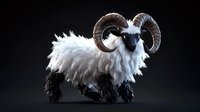 Majestic black-faced ram with curved horns and thick white wool coat standing against dark background, dramatic studio lighting highlights texture and form.