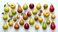 Assorted fresh pears and apples arranged on white background, showcasing variety of golden, green, and red fruits with stems and leaves for culinary, food styling, and recipe design projects.