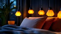 Cozy bedroom interior with glowing orange pendant lights creating warm atmosphere. Comfortable bed with pillows and textured bedding in evening ambiance.