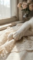 White cat paws resting on lace fabric near window with roses in vase, soft natural light, cozy home interior setting.