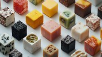 Assorted colorful soap bars with various textures and ingredients displayed on white background, ready for cosmetic product packaging, retail marketing, and wellness branding purposes.