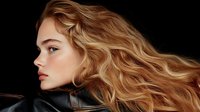 Side profile of young woman with flowing blonde wavy hair against dark background, wearing black leather jacket. Natural makeup and dramatic lighting create striking contrast.