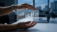 Business professional hands protecting holographic data analytics dashboard with charts and graphs in modern office environment.