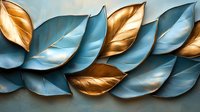 Elegant arrangement of metallic copper and matte blue leaves creating luxurious pattern on dark background, modern botanical wall decor composition.